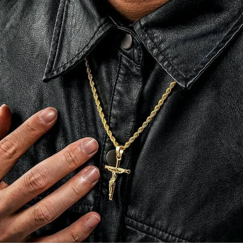 22” 18K Gold Plated Crucifix Cross Pendant Necklace Rope Chain Unisex Religious